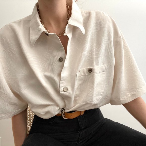 Vintage Tops - Vintage Silk Palm Button Up Tunic